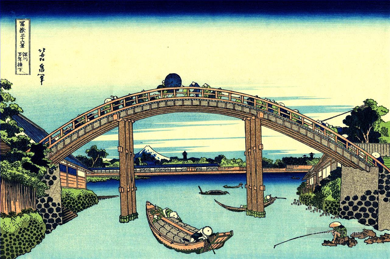 fuji seen through the mannen bridge at fukagawa Katsushika Hokusai Ukiyoe Oil Paintings